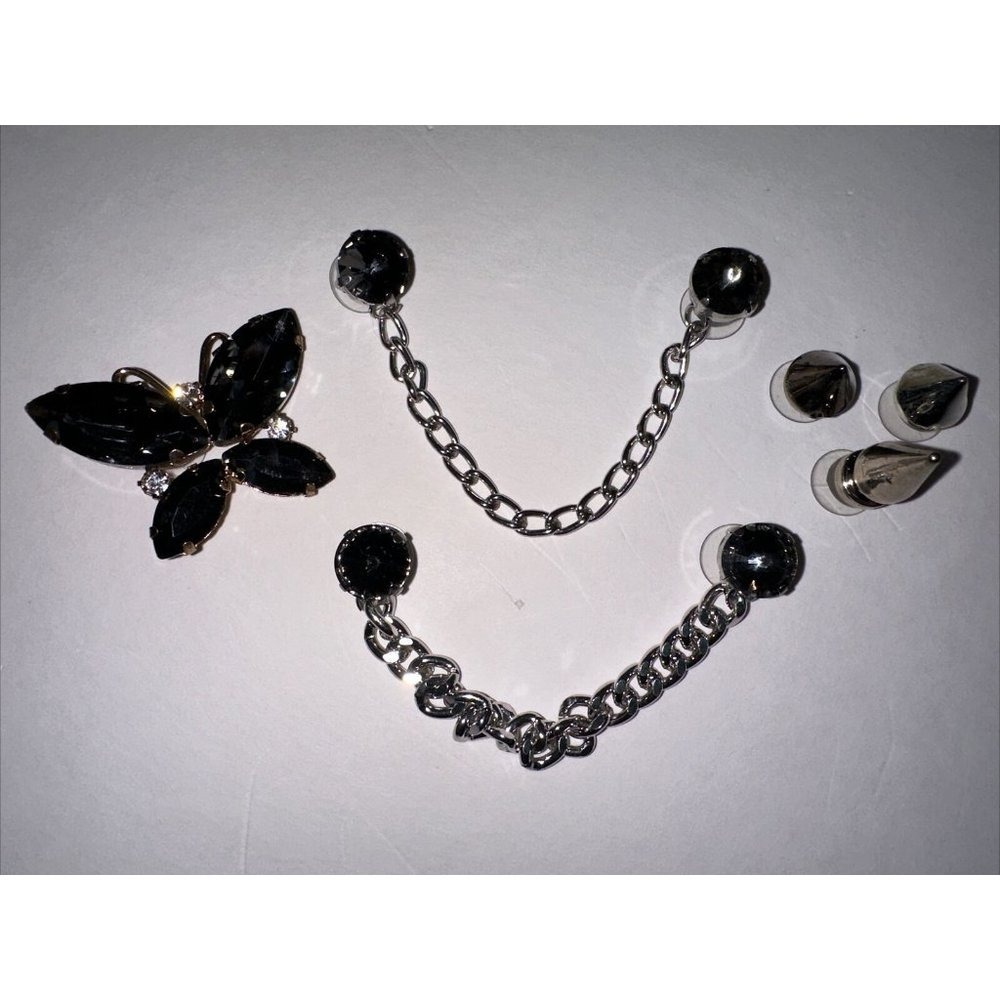 Black Butterfly and Silver Spike Gothic Chain Earring Set Mixed Studs 6pc